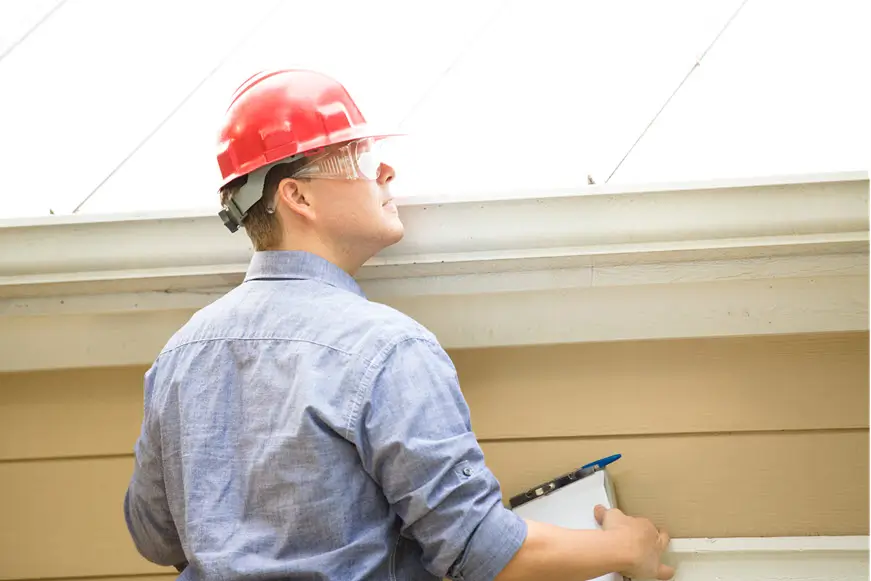 Roofing technician wearing a red hard hat conducts a detailed roof inspection, examining gutters and taking notes on a clipboard.