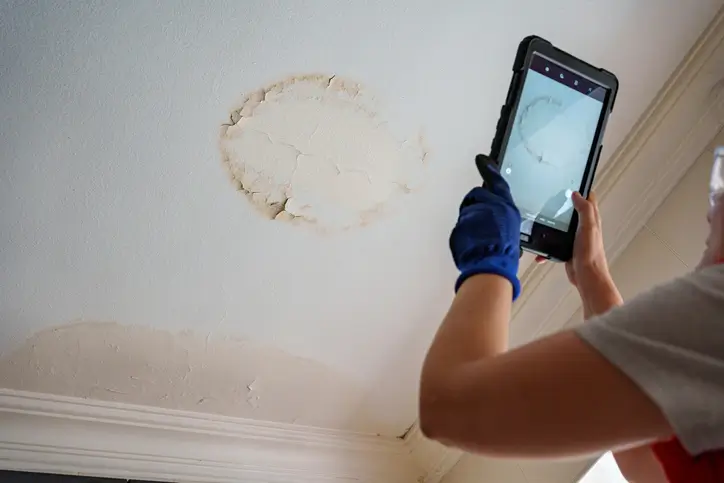 Person documenting severe ceiling water damage with a tablet, showing large brownish-yellow stains, peeling paint, and cracks, highlighting the need for professional leak repair services.