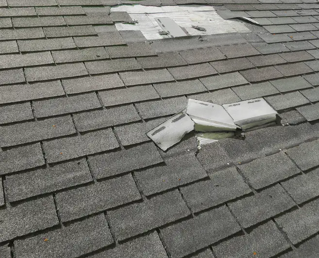 Roof with visible wind damage, including missing shingles and debris, highlighting the need for professional roofing repair services.