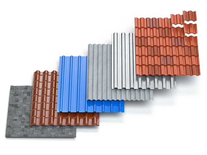 Comparison of five residential roofing materials, including asphalt shingles, ceramic tiles, painted metal sheets, fiber cement, and galvanized steel, showcasing diverse roofing options